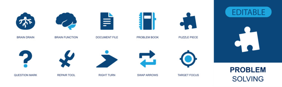 Problem solving icon set. Containing brain, document, puzzle piece, question mark, repair tools, swap arrows, target focus, right turn, checklist and more. Solid fill vector icons.