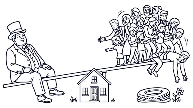 Rich man sitting on one side of a seesaw with a crowd of people on the other side.