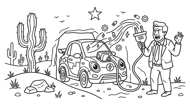 Angry man trying to charge electric car with empty batteries flying out of cable.