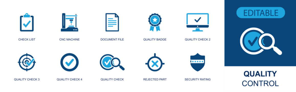 Quality control icon set. Containing checklist, CNC machine, document, badge, screen check, target check, approval mark, rejected part, rating shield and more. Solid fill vector icons.