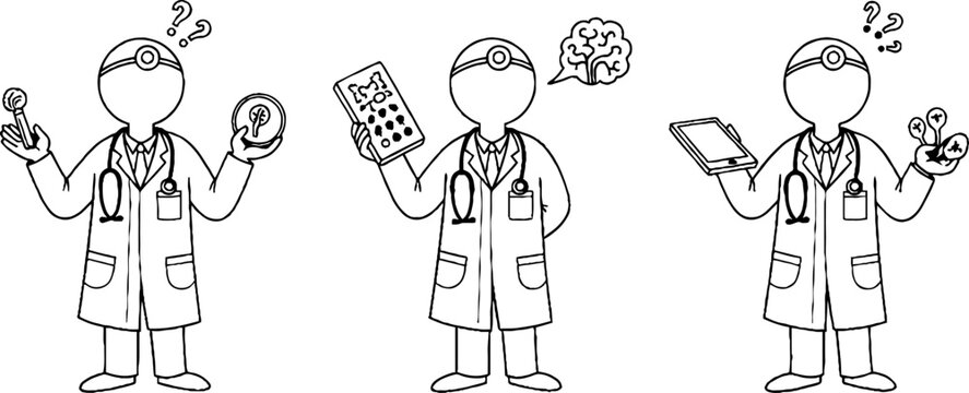 Cartoon doctors holding medical tools and devices.