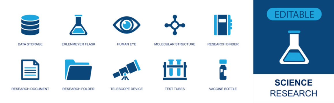 Science research icon set. Containing data storage, flask, human eye, molecular structure, research binder, document, telescope, test tubes, vaccine bottle and more. Solid fill vector icons.