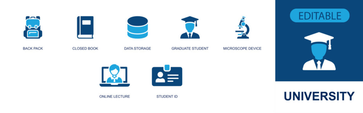 University icon set. Containing backpack, closed book, data storage, graduate student, microscope, online lecture, student ID, campus study, research lab and more. Solid fill vector icons.