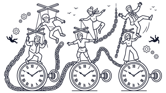 People acting like puppets controlled by strings with chains holding them to pocket watches.