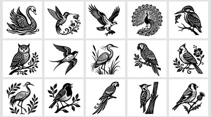 Obraz premium Collection of various bird silhouettes and illustrations
