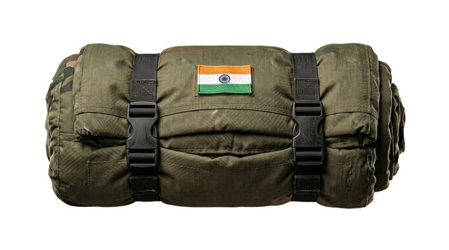 Rolled up military sleeping bag with indian flag patch isolated on transparent background