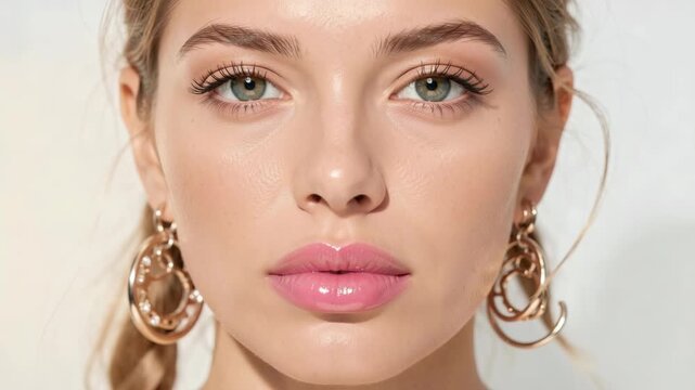 A young woman looking off to the side with makeup on her face and gold hoop earrings.