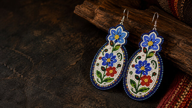 pair of traditional M&eacute;tis-inspired floral beadwork earrings