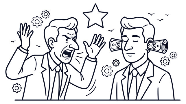 Angry man yells at oblivious man with money stuffed in ears.