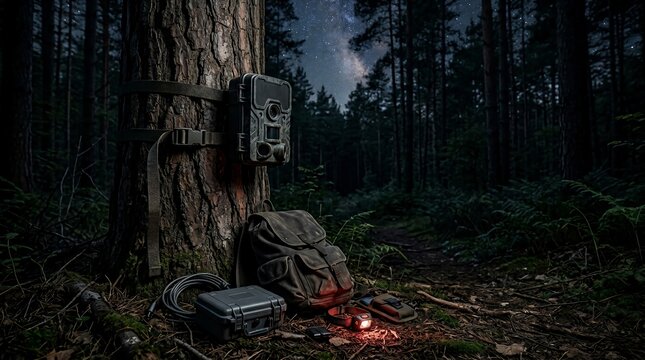 Trail camera attached to tree at night with gear on forest floor