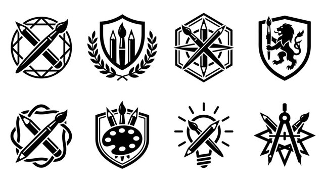 Art studio pencil and creative crest logo set