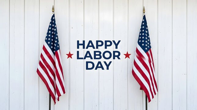 Happy labor day greeting with two american flags isolated on white background