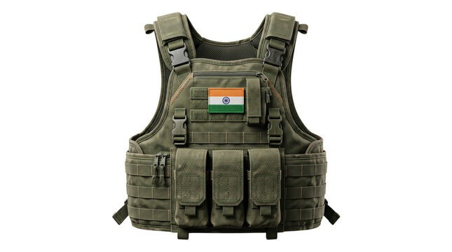 Tactical military vest with indian flag patch isolated on transparent background