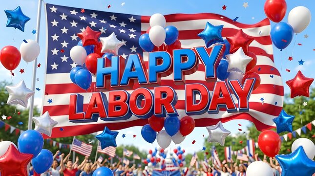 Happy labor day celebration with balloons and american flag