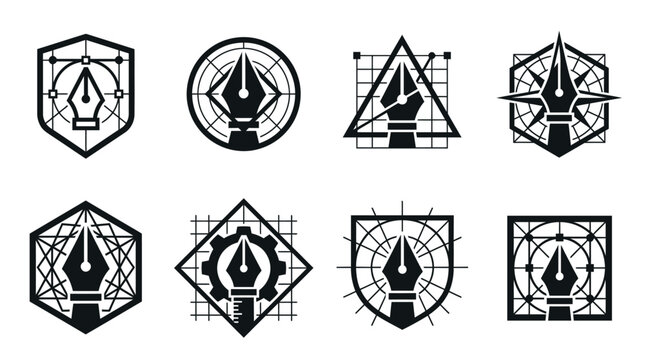 Technical pen nib and geometric design logo set