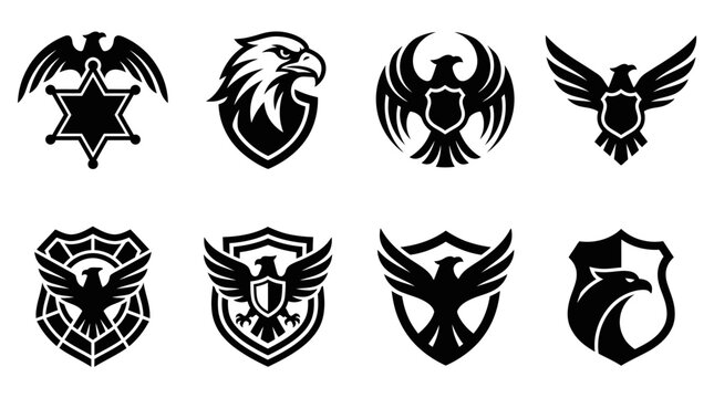 Eagle head and shield heraldry symbols.