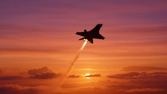 Fighter jet climbing into sunset sky