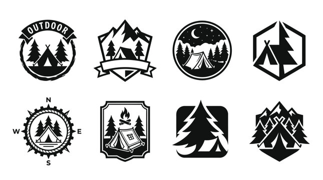 Adventure camping and outdoor recreation emblems.