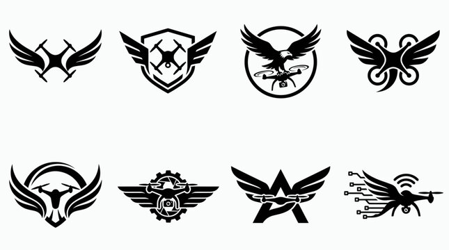 Black drone and wing technology logo icons set.