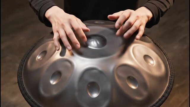 Close-up of a musician's hands playing a handpan, a steel percussion instrument with a resonant, ethereal sound.