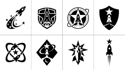 Minimalist rocket ship and space mission icon set. © keranacinta