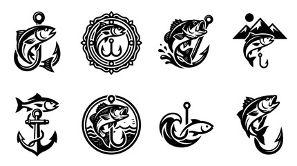 Nautical fishing badges with fish and anchors. © keranacinta