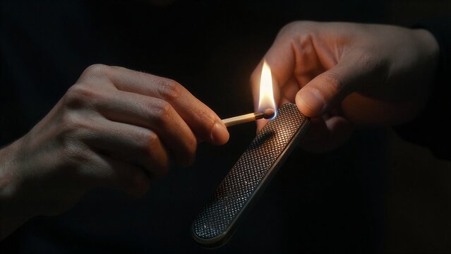 Two hands light a match against a dark, textured background.