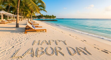 Happy Labor Day written in the sand on a tropical beach.