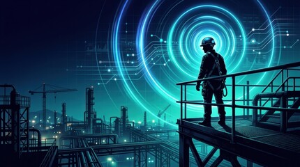 Fototapeta premium A silhouette stands on a platform in an industrial area at night, using smart PPE technology to access GPS data for safety monitoring.