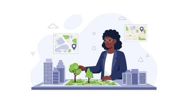 Urban planner analyzing city model and maps, focusing on green spaces and development