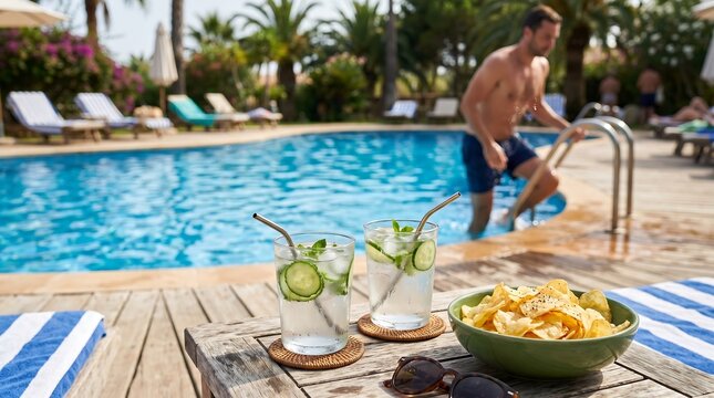 Relaxing Summer Vacation by the Pool with Refreshing Drinks