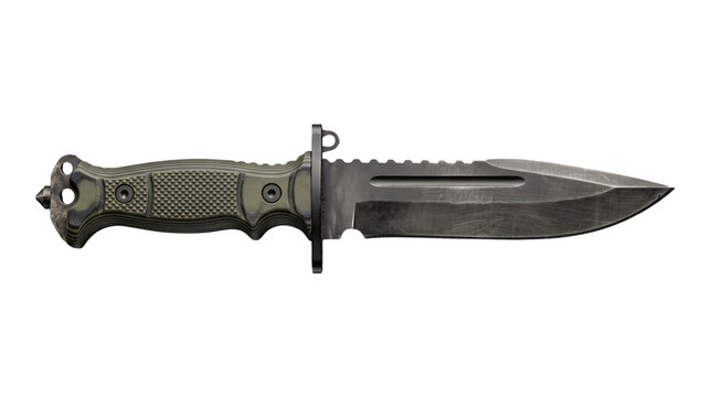 Tactical combat knife with olive green handle isolated on transparent background