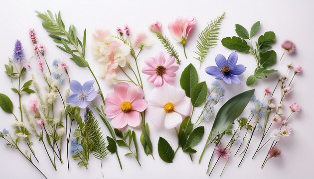 Spring Is Here With Pastel Wildflowers And Green Leaves On White Backg
