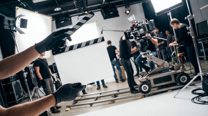 Obraz premium Cinematic Dutch Angle Movie Production Scene with Professional Equipment