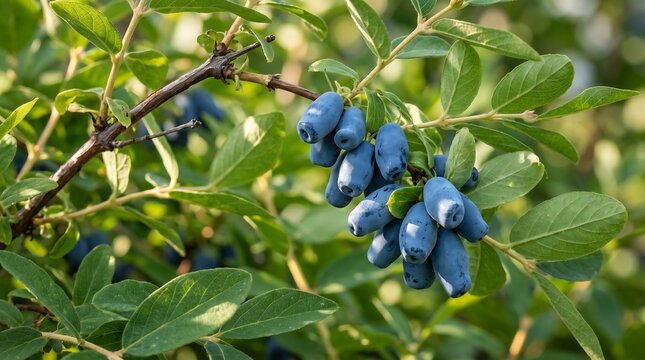 Ripe Blue Honeyberry Cluster on a Lush Green Bush in Summer Sun