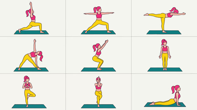 Cartoon Woman Practicing Various Yoga Poses on Mats for Fitness and Wellness