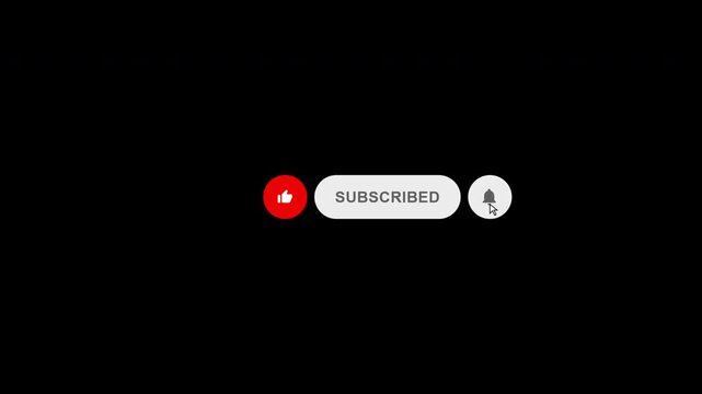 Animated red subscribe button text transition with notification bell and like icons on black background