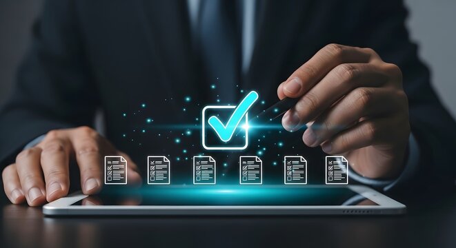 Business professional reviewing digital checklists on tablet device