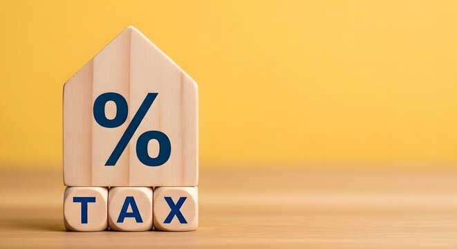 Tax percentage symbol on wooden blocks with house shape