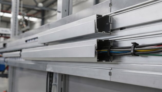 Closeup medium shot of sleek aluminum raceways in an industrial plant highlighting durable hollow profiles and easytoinstall snapon covers for efficient cable routing.