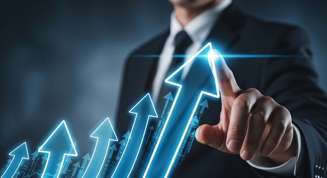 Business growth concept with man touching digital arrows