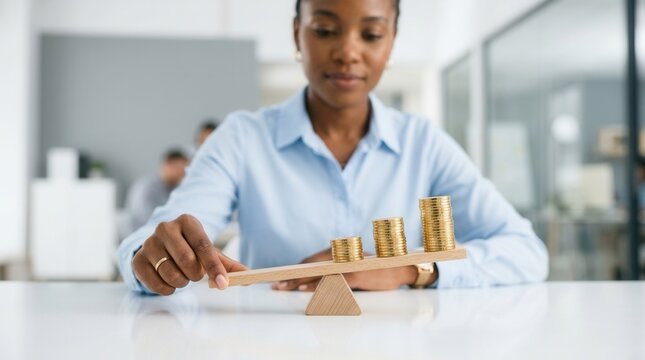 Businesswoman using her finger to balance a wooden lever with stacked gold coins.