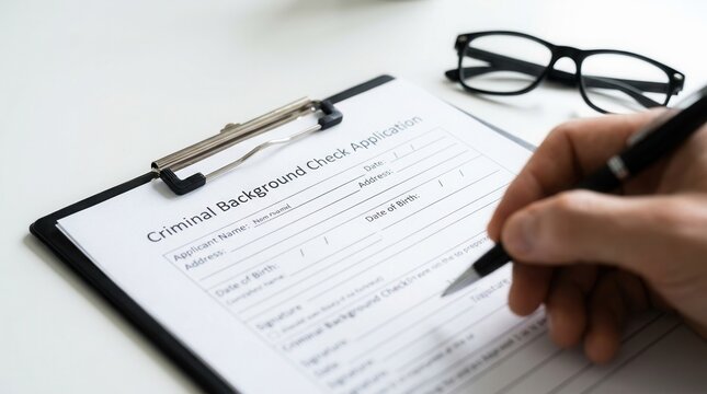Close up of a hand writing on a criminal background check document.