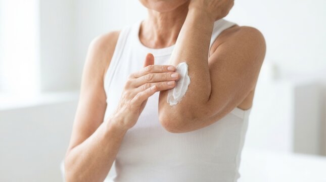 Woman using lotion to treat dry skin on her elbow in a bright room.