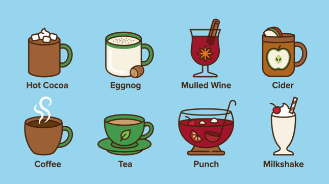 Cute winter hot drinks icon set with hot cocoa, eggnog, coffee, and tea vector illustration