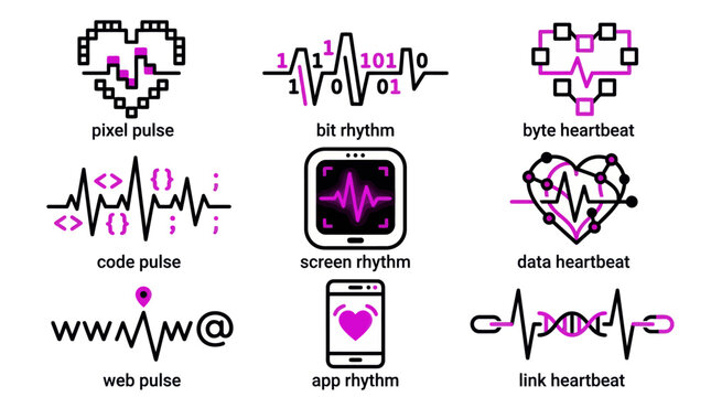 Digital pulse icons featuring programming code and web technology symbols