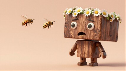 Fototapeta premium Wooden robot with daisy crown looks surprised as bee flies nearby.