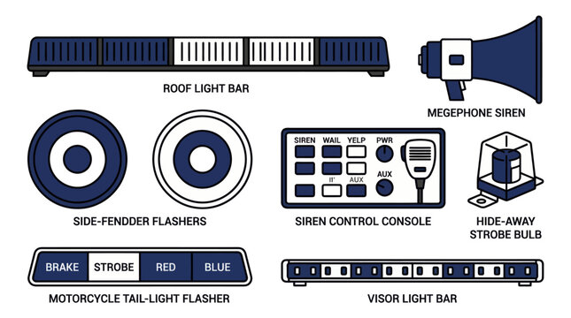 Emergency vehicle light bar and flasher vector icons for police cars and motorcycles