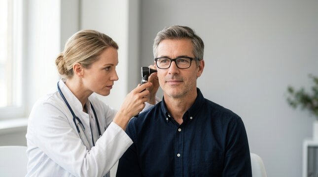 Professional doctor examining a man's ear with an otoscope during an otolaryngology consultation.