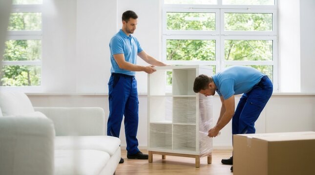 Two professional movers in blue uniforms carefully wrapping furniture for a relocation.